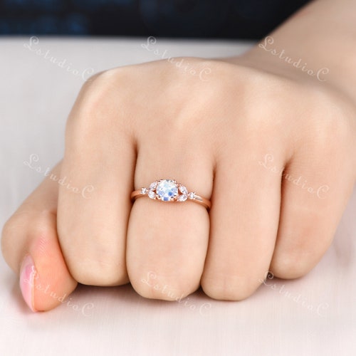 Vintage Rainbow Moonstone Engagement Ring Rose Gold shops Marquise Moissanite Ring Unique Dainty Ring Sterling Silver Promise Ring for Women