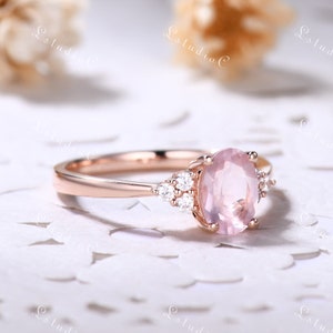 Natural Oval Rose Quartz Engagement Ring Sterling Silver Dainty Quartz Ring Vintage Gemstone Ring Women Unique Wedding Promise Ring image 2