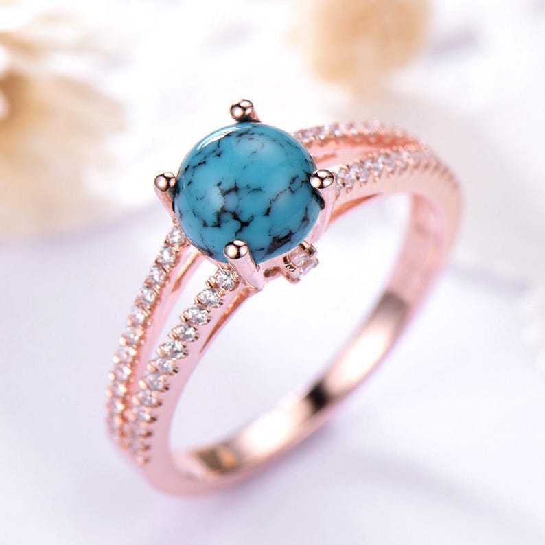 Black Blue Turquoise Engagement Ring 14k 18k Rose Gold CZ Diamond Split Shank Wedding Band 925 Sterling Silver Solitaire Bridal Anniversary