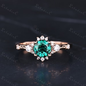Dainty Round Emerald Engagement Ring 14k Rose Gold Small May Birthstone Ring Cluster Green Stone Ring Art Deco Promise Ring Women Jewelry