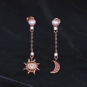 Unique Pearl Morganite Sun Moon Dangle Earrings 14k Rose Gold Pink Tourmaline Drop Earrings Women Dainty Promise Bridal Anniversary Gift