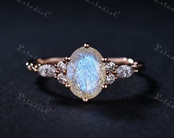 Oval Labradorite CZ Diamond Engagement Ring Rose Gold Twisted Ring Solitaire Labradorite Wedding Bridal Ring Women Promise Anniversary