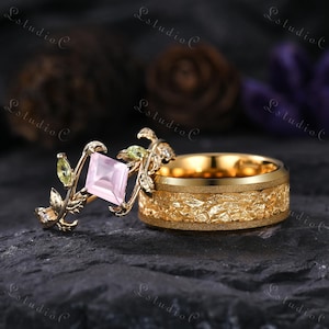 Vintage Kite Cut Rose Quartz Couple Ring Set Yellow Gold Tungsten Men Ring Nature Inspired Ring Dainty Leaf Ring Unique Gift for His and Her