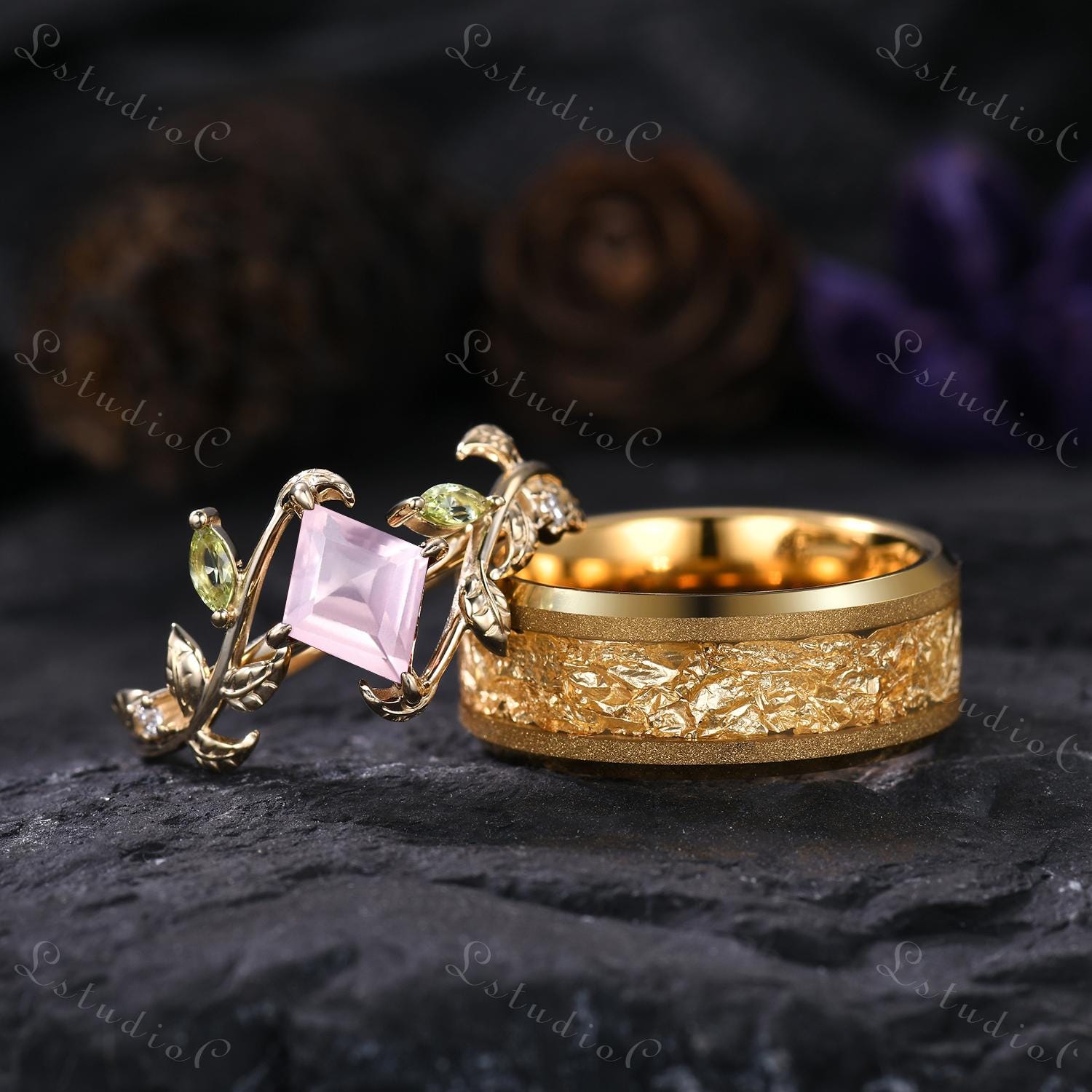 ヴィンテージ カイトカット ローズクォーツ カップルリングセット