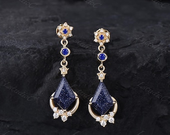 Kite Shape Blue Sandstone Sapphire Dangle Drop Earrings Crescent Moon Star Gold Earrings September Birthstone Earrings Personalized Earrings