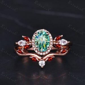 Antique Oval Cut Green Moissanite Cluster Engagement Ring Set Dainty Marquise Garnet Moissanite Delicate Bridal Set Unique Gift for Women