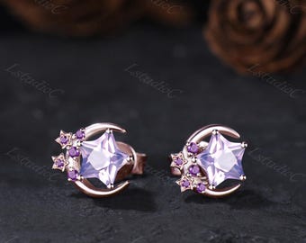 Star Shape Lavender Amethyst Stud Earrings Rose Gold Purple Stones Earrings February Birthstone Crescent Moon Earrings Celestial Earrings