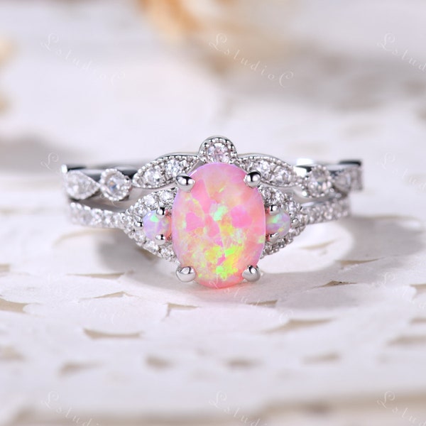 Oval Cut Pink Opal Engagement Ring Set Silver White Gold Fire Opal Moissanite Wedding Bridal Set October Birthstone Promise Ring for Women