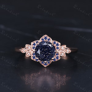 Art Deco Blue Sandstone Flower Engagement Ring Rose Gold Vintage Sapphire Floral Halo Ring Unique Leaf Ring Bridal Ring Promise Ring Women