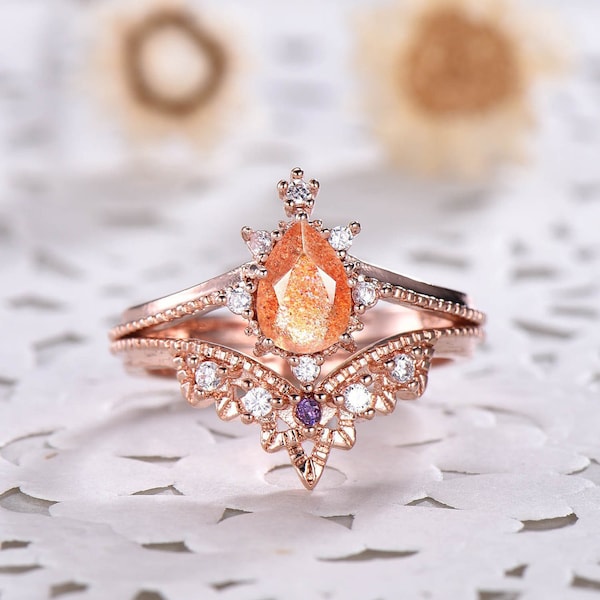 Pear Shaped Sunstone Engagement Ring Set Natural Sunstone Ring Rose Gold Amethyst Wedding Ring Set Sterling Silver Ring Promise Ring for her