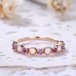 White Opal Amethyst Ring 14k Rose Gold Fire Opal Purple Amethyst Engagement Ring Vintage October Birthstone Ring Gemstone Ring for Women