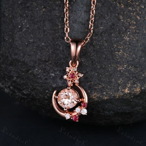 Colar exclusivo de rubi morganita ouro rosa 14k, pingente de moissanita estrela e lua art déco, presente de aniversário feminino, presente vintage delicado para ela
