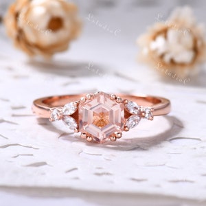 Vintage Hexagon Cut Morganite Engagement Ring 14k Rose Gold Marquise Moissanite Ring Nature Inspired Leaf Ring Art Deco Ring for Women