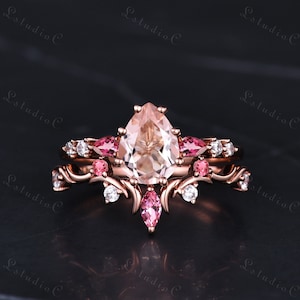 Delicate Pear Shaped Cut Morganite Ring Set 14k Rose Gold Vintage Pink Tourmaline Engagement Ring Set Moissanite Bridal Set Branch Twig Ring