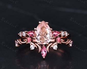 Delicate Pear Shaped Cut Morganite Ring Set 14k Rose Gold Vintage Pink Tourmaline Engagement Ring Set Moissanite Bridal Set Branch Twig Ring