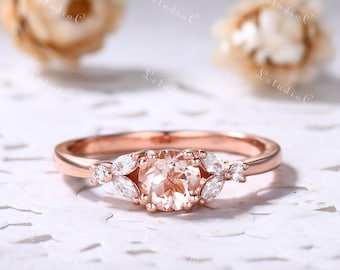 Vintage Pink Morganite Engagement Ring 14k Rose Gold Marquise Moissanite Ring Art Deco Nature Inspired Ring Dainty Morganite Ring for Women