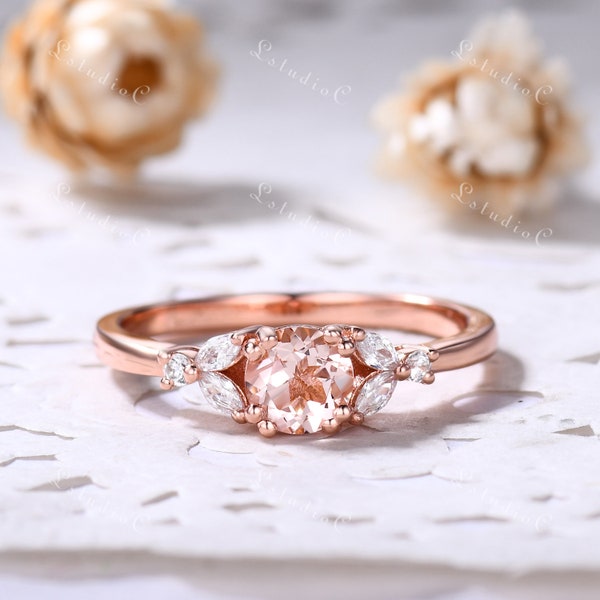 Vintage Pink Morganite Engagement Ring 14k Rose Gold Marquise Moissanite Ring Art Deco Nature Inspired Ring Dainty Morganite Ring for Women