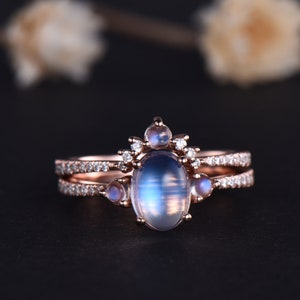 Moonstone Engagement Ring Set Vintage Rainbow Moonstone Ring Sterling Silver Rose Gold Moonstone Ring Statement Ring Dainty Ring for Women