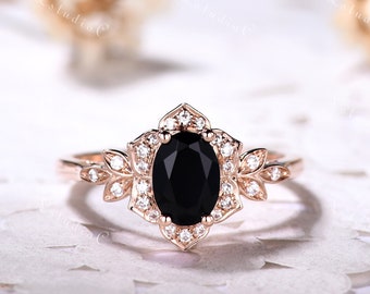 Anillo de compromiso de ónix negro de corte ovalado Anillo de ónix negro vintage de oro rosa Anillo único Anillo de plata esterlina Anillo delicado Anillo de promesa para mujer