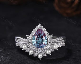 Firework Cut Pear Shape Alexandrite Pearl Engagement Ring Set Silver White Gold Twist Band June Birthstone Ring Teardrop Color Change Ring
