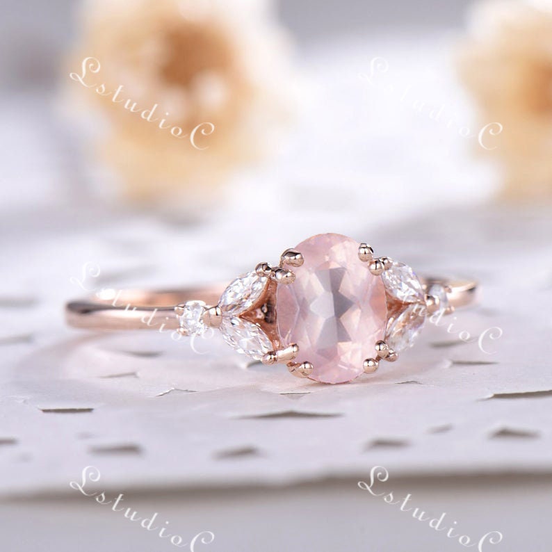 Rose Quartz Engagement Ring Oval Rose Quartz Ring Rose Gold Art Deco Ring Vintage Moissanite Ring Marquise Moissanite Ring Sterling Silver 