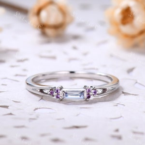 Baguette Moonstone Wedding Band Vintage Amethyst Cluster Engagement Ring Unique Moonstone Ring Dainty Bridal Ring Art Deco Ring for Women