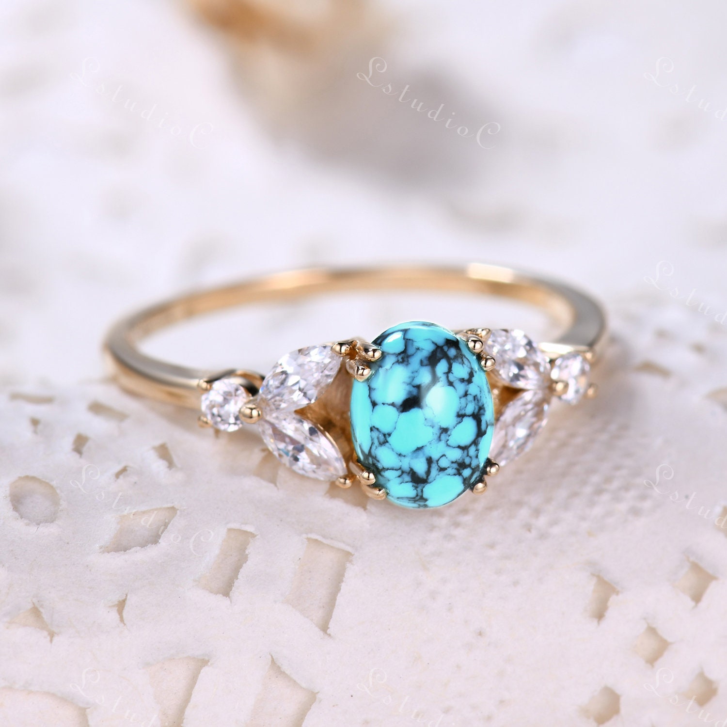 Anillo de compromiso azul turquesa claro Plata esterlina Oro