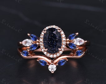 Galaxy ovale geslepen blauwe zandsteen cluster verlovingsring set 14k roségoud vintage marquise saffier moissanite bruids set unieke vrouwen cadeau