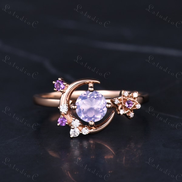 Antique Round Cut Lavender Amethyst Moon Engagement Ring Solid Rose Gold Art Deco Star Ring Purple Stone Ring Cluster Moissanite Ring Gift
