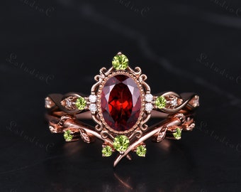 Antique Oval Cut Red Garnet Bezel Engagement Ring Set Rose Gold Peridot Leaf Wedding Band Art Deco Bridal Ring Set Filigree Ring Set Women