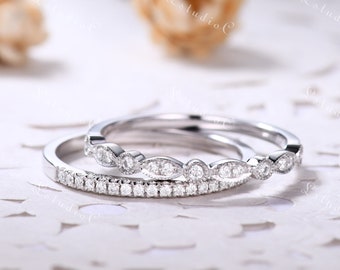 Moissanite Wedding Band White Gold Moissanite Wedding Ring Set Unique Wedding Ring Vintage Wedding Ring Dainty Wedding Band for Women