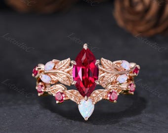 Antique Marquise Shape Cut Ruby Opal Leaf Engagement Ring Set 14k Rose Gold Red Gemstones Ring July Birthstone Vine Twig Branch Ring Set
