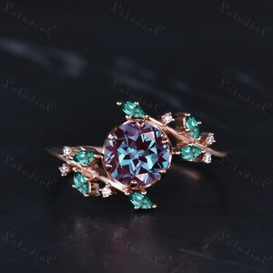 Unique Eva Alexandrite Engagement Ring Solid Rose Gold Vintage Marquise Emerald Ring Leaf Branch Ring Dainty Moissanite Ring for Women