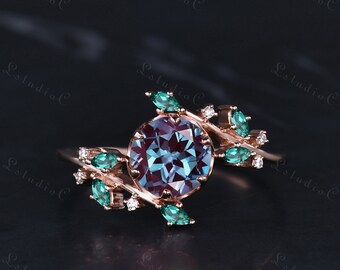 Unique Eva Alexandrite Engagement Ring Solid Rose Gold Vintage Marquise Emerald Ring Leaf Branch Ring Dainty Moissanite Ring for Women