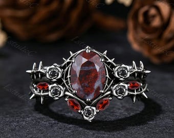 Oval Cut Bloodstone Black Gold Ring Set Unique Gothic Thorn Black Onyx Garnet Flower Ring Nature Inspired Rose Floral Red Gemstone Ring