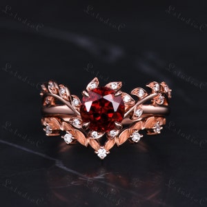 Antique Red Garnet Leaf Engagement Ring Set Rose Gold Moissanite Twig Wedding Ring Art Deco Branch Bridal Promise Ring Unique Women Gift