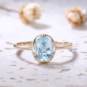 Oval Aquamarine Bezel Engagement Ring 14k Yellow Gold Vintage Blue Gemstone Minimalist Ring Art Deco Solitaire March Birthstone Ring Women