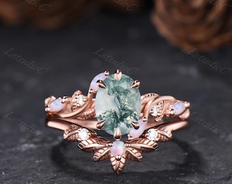 Natural Oval Cut Moss Agate Nature Inspired Engagement Ring Set Marquise Opal Leaf Bridal Ring Set Green Gemstone Vine Twig Anniversary Ring
