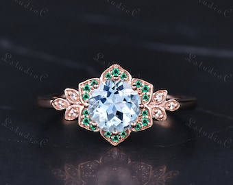 Antique Round Aquamarine Flower Engagement Ring Rose Gold Vintage Emerald Floral Halo Ring Unique Leaf Ring Bridal Ring Promise Ring Women
