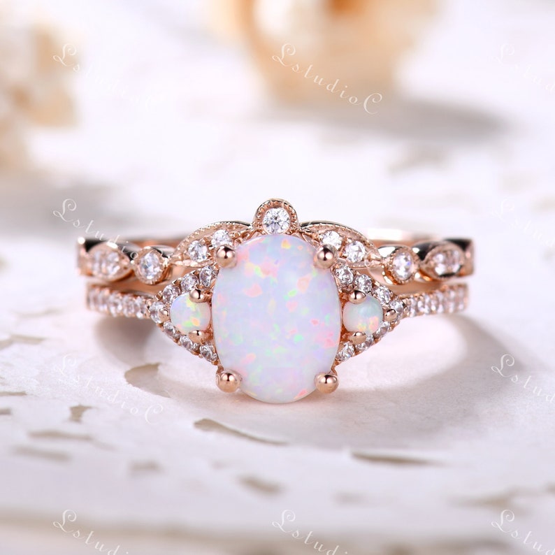 White Opal Ring Set Fire Opal Engagement Ring Set Vintage Wedding Ring Diamond Stacking Ring Dainty Opal Ring Opal Gold Ring Women Opal Ring 