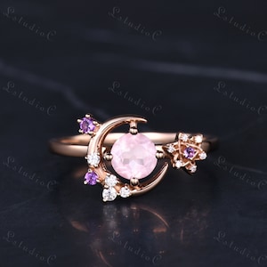 Dainty Round Cut Rose Quartz Moon Engagement Ring Silver Rose Gold Vintage Amethyst Star Wedding Ring Art Deco Moissanite Cluster Ring