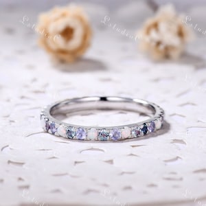 2mm Opal Alexandrite Tanzanite Wedding Ring Band 14k White Gold Full Eternity Gemstone Ring Infinity Silver Birthstone Ring for Women