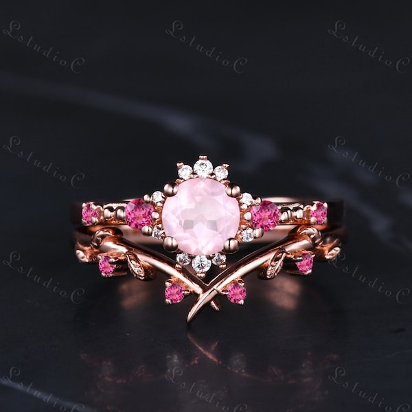 Vintage Rose Quartz Engagement Ring Set Solid Rose Gold Antique Leaf Pink Tourmaline Bridal Ring Set Art Deco Branch Silver Ring for Women