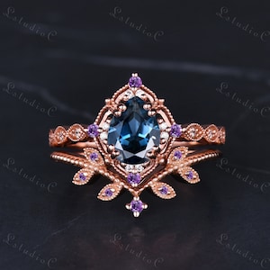 Vintage Pear Shaped Blue Topaz Leaf Engagement Ring Set Rose Gold Amethyst Moissanite Wedding Bridal Set Art Deco Retro Ring for Women