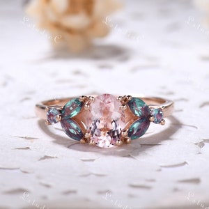 Vintage Oval Morganite Engagement Ring 14k Rose Gold Marquise Eva Alexandrite Ring Nature Inspired Leaf Ring Art Deco Ring Gift for Women