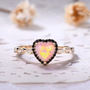 Heart Shaped Pink Opal Engagement Ring Vintage Black Onyx Halo Ring Unique Women Fire Opal Ring Art Deco Marquise Ring Sterling Silver