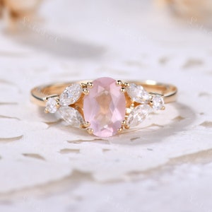 Oval Rose Quartz Ring Sterling Silver Rose Quartz Ring Statement Ring Vintage Ring Cluster Ring Flower Ring Dainty Promise Ring for Women