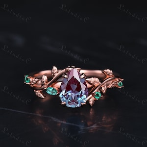 Nature Inspired Pear Shaped Eva Alexandrite Leaf Engagement Ring Solid Rose Gold Emerald Unique Vine Ring Art Deco Twig Ring Women Gift