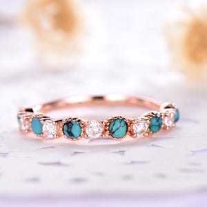 Vintage Turquoise Moissanite Wedding Ring Unique Rose Gold Turquoise Engagement Ring Sterling Silver Boho Ring Women Bridal Promise Ring