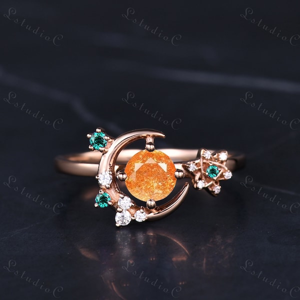 Unique Round Cut Sunstone Moon Engagement Ring Rose Gold Vintage Emerald Star Ring Dainty Moissanite Cluster Ring Anniversary Gift for Women